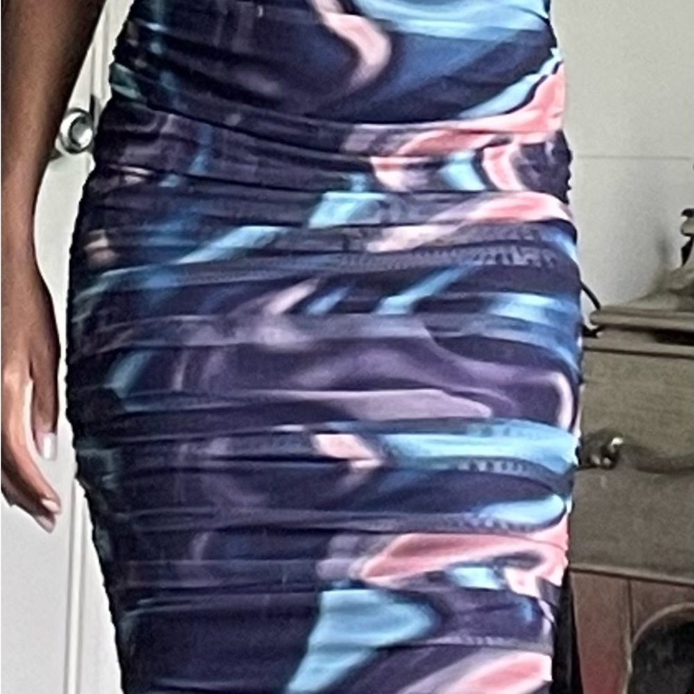 AKIRA Blue Ruched Pencil Midi Dress